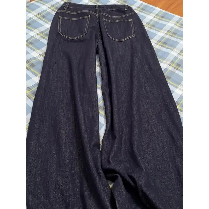 Dark Blue Wide Leg Jeans Women's 2024 High Waist Mop Pants