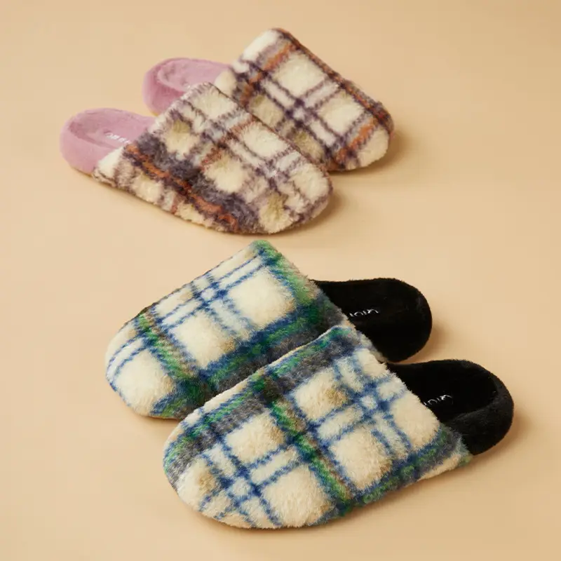 Cotton Slippers for Women Winter Retro Plaid Winter Warm Home Indoor Non-Slip Household Plush Couple Slippers Winter