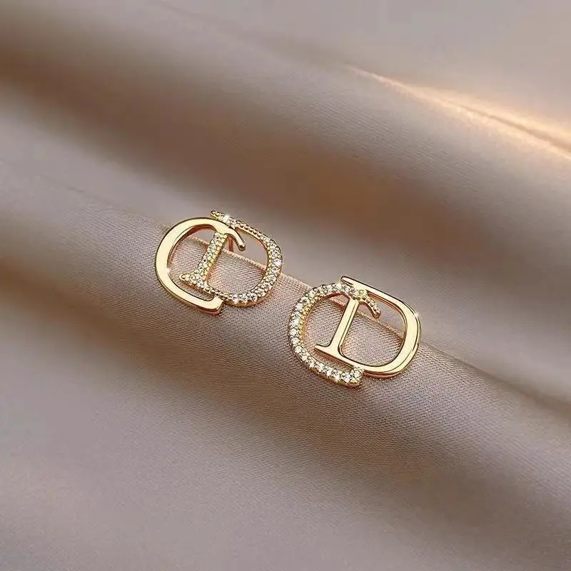 Women's Gold Letter Stud Earrings with Crystal Tassels
