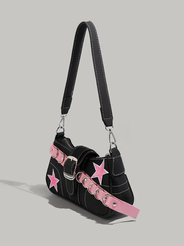 Star Design Shoulder Bag for Girls Black Pink - Image 6