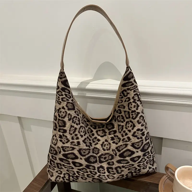 Leopard Print Suede Shoulder Tote Bag for Women - Image 4