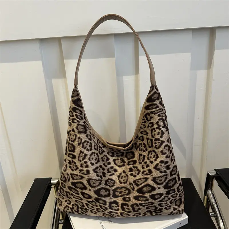Leopard Print Suede Shoulder Tote Bag for Women - Image 5