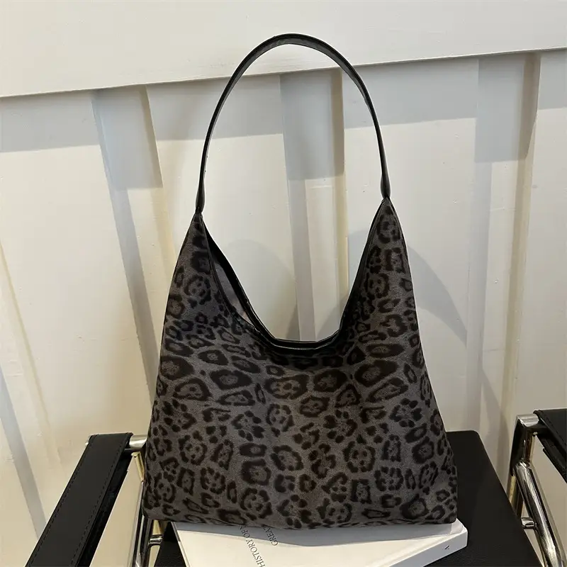 Leopard Print Suede Shoulder Tote Bag for Women - Image 6