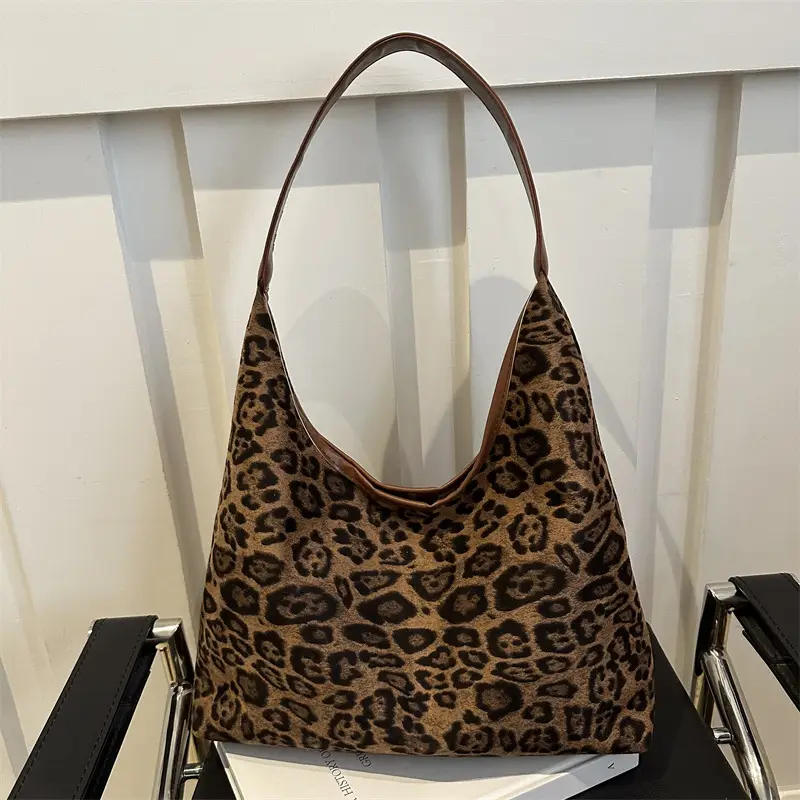 Leopard Print Suede Shoulder Tote Bag for Women - Image 7
