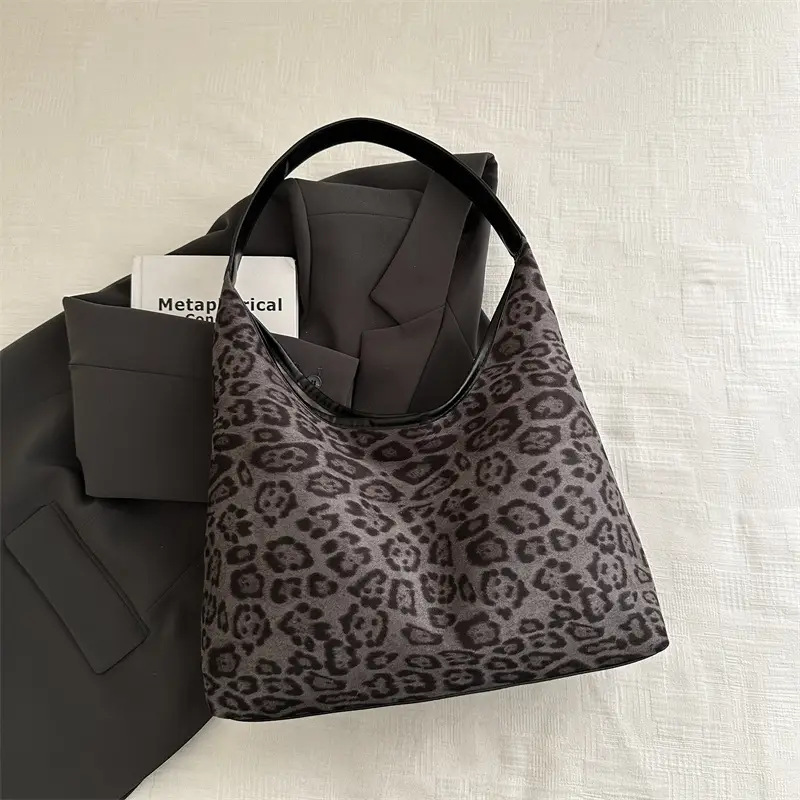 Leopard Print Suede Shoulder Tote Bag for Women - Image 2