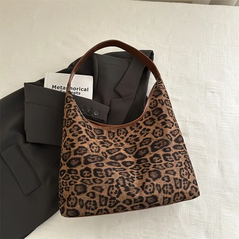 Leopard Print Suede Shoulder Tote Bag for Women - Image 3