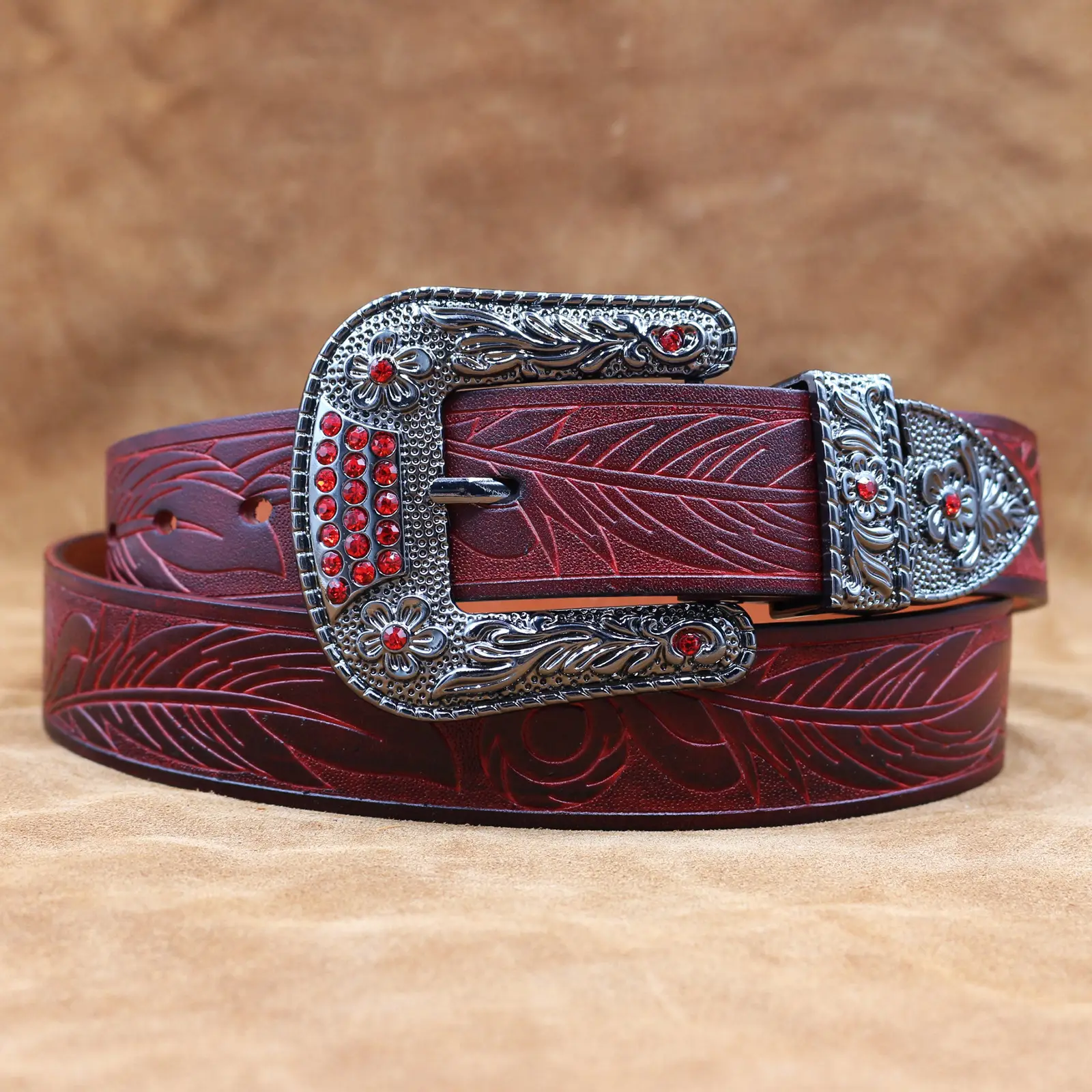 New Style Western Buckle Belt with Red Stones — feature 7
