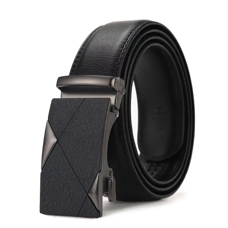 Men's Black Automatic Buckle Belt Genuine Leather Two-Layer - Image 3