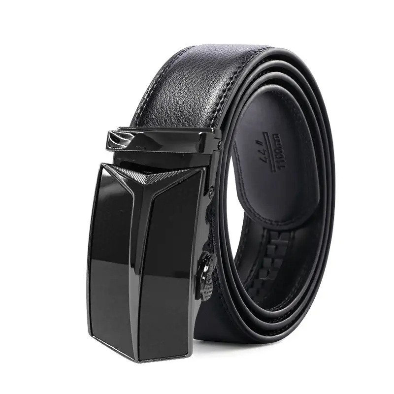 Men's Black Automatic Buckle Belt Genuine Leather Two-Layer - Image 2