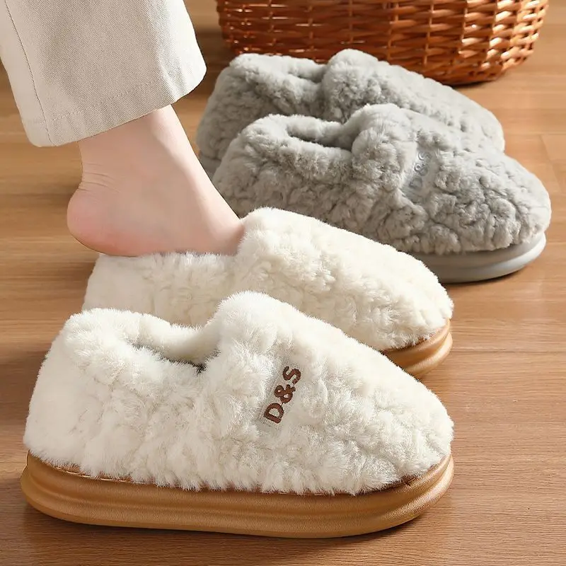Women Wool Plush Slippers White Grey 2024 - Image 10