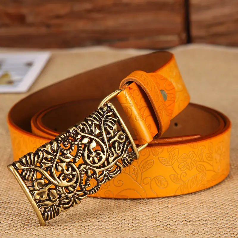 Women's Vintage Gold Plate Buckle Belt Red Cowhide - Image 5