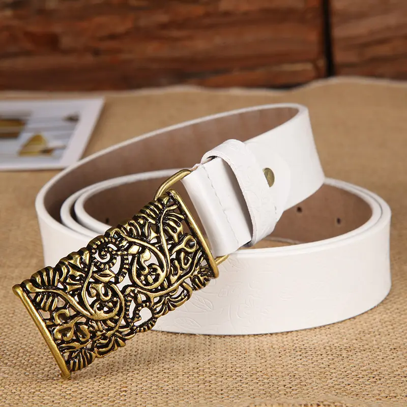 Women's Vintage Gold Plate Buckle Belt Red Cowhide - Image 2