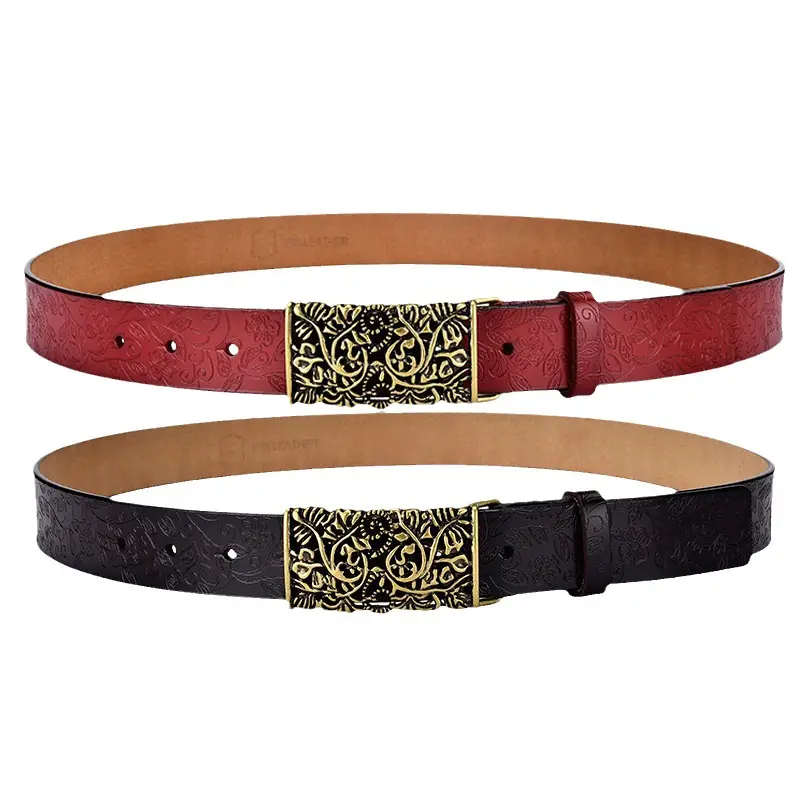 Women's Vintage Gold Plate Buckle Belt Red Cowhide - Image 6