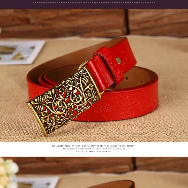 Women's Vintage Gold Plate Buckle Belt Red Cowhide — feature 16