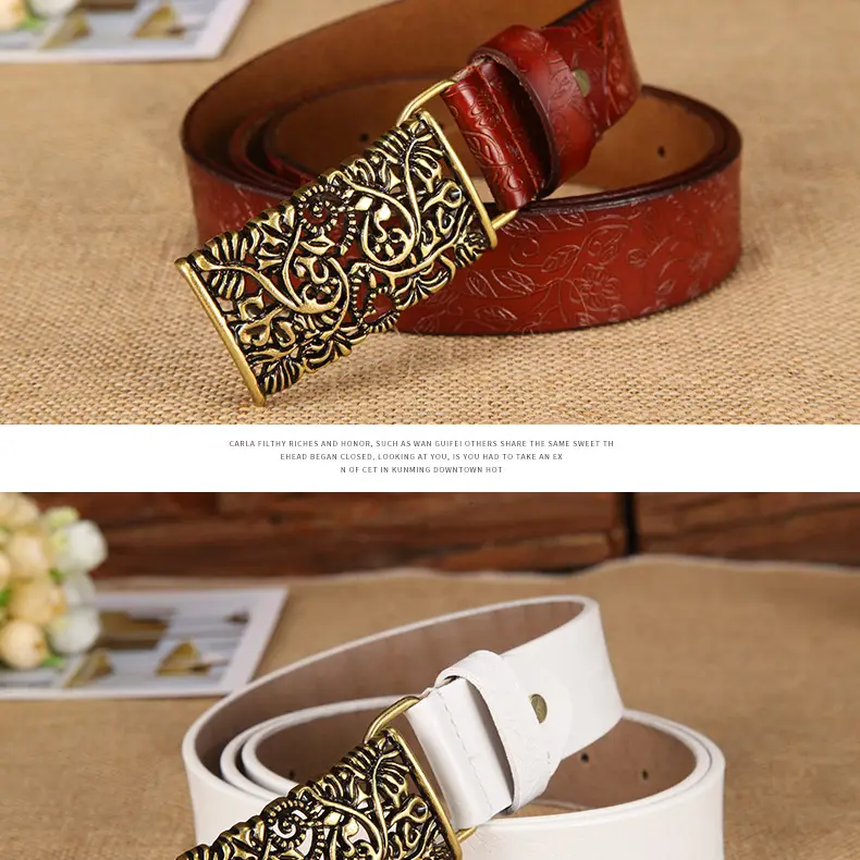 Women's Vintage Gold Plate Buckle Belt Red Cowhide — feature 17