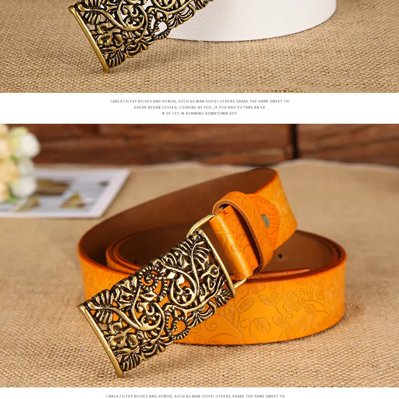 Women's Vintage Gold Plate Buckle Belt Red Cowhide — feature 18