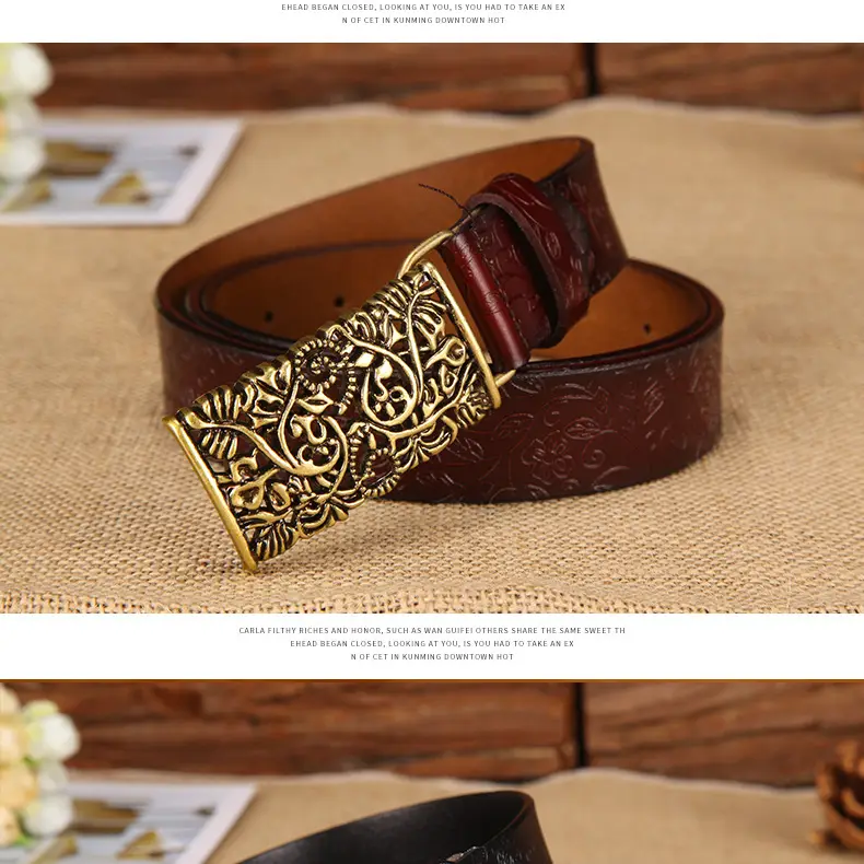 Women's Vintage Gold Plate Buckle Belt Red Cowhide — feature 19