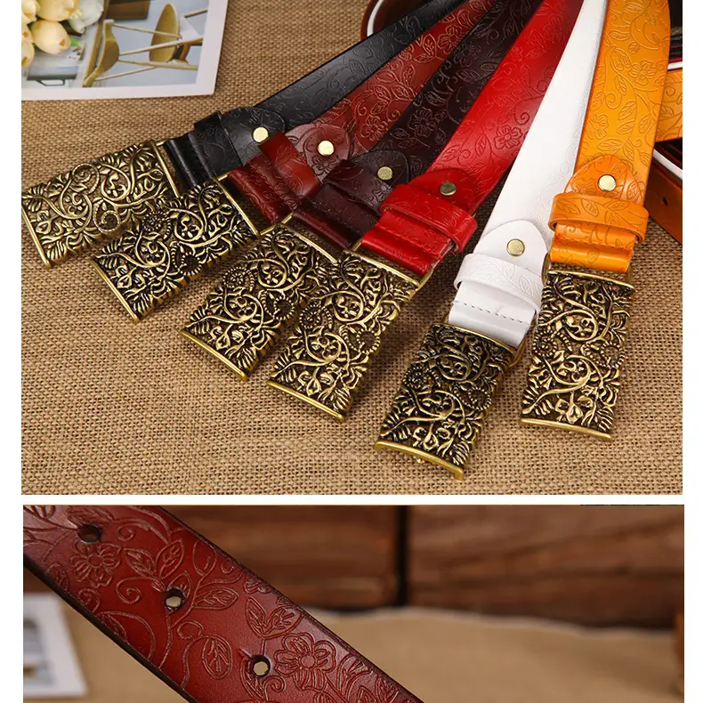 Women's Vintage Gold Plate Buckle Belt Red Cowhide — feature 22