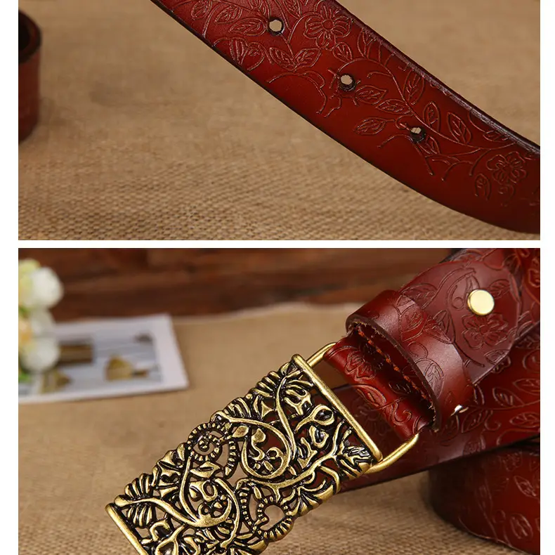 Women's Vintage Gold Plate Buckle Belt Red Cowhide — feature 23