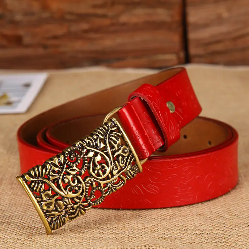 Women's Vintage Gold Plate Buckle Belt Red Cowhide - Image 4