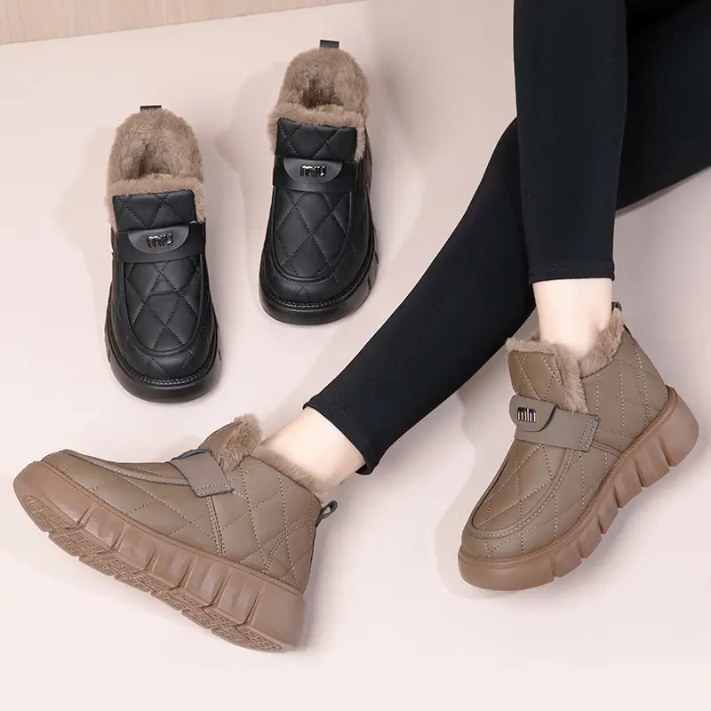 Snow Boots Cotton Shoes Women's Leather Bean Shoes Winter New Soft Sole fleece-lined Thickened Warm Fashionable All-match Cotton Boots - Image 9