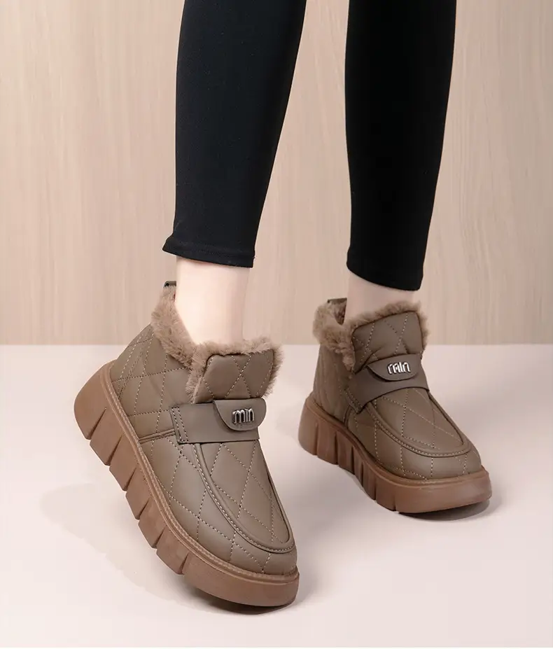 Snow Boots Cotton Shoes Women's Leather Bean Shoes Winter New Soft Sole fleece-lined Thickened Warm Fashionable All-match Cotton Boots — feature 14