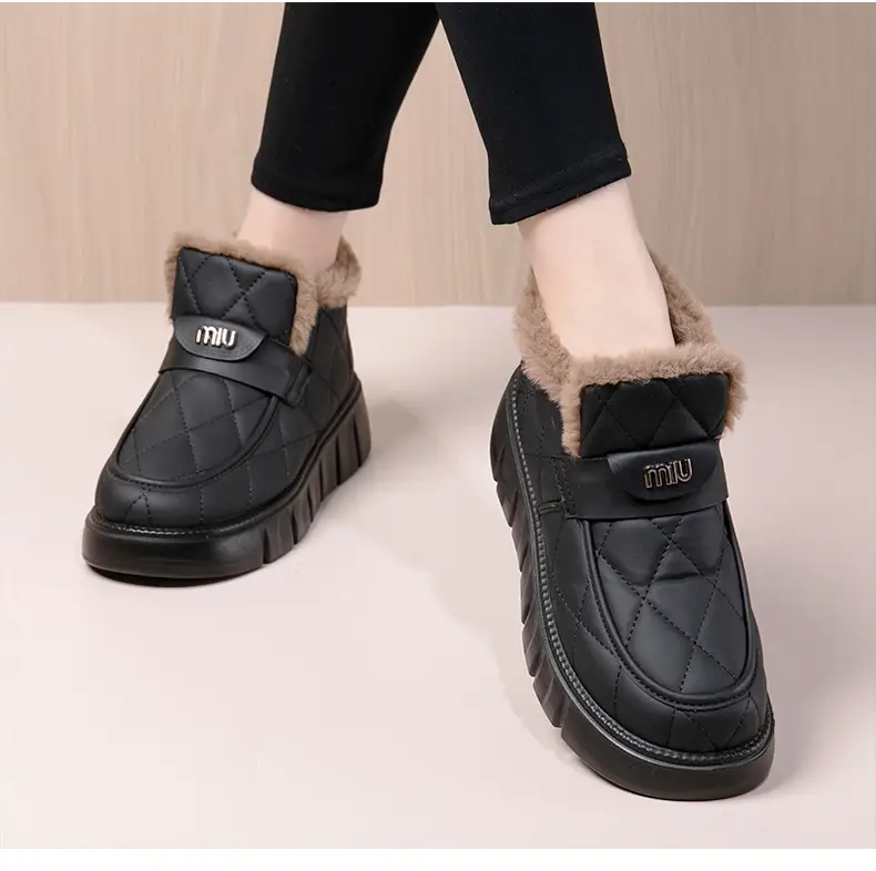 Snow Boots Cotton Shoes Women's Leather Bean Shoes Winter New Soft Sole fleece-lined Thickened Warm Fashionable All-match Cotton Boots — feature 26
