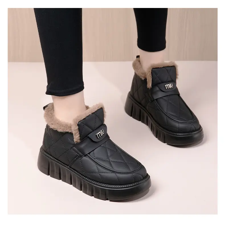 Snow Boots Cotton Shoes Women's Leather Bean Shoes Winter New Soft Sole fleece-lined Thickened Warm Fashionable All-match Cotton Boots — feature 27