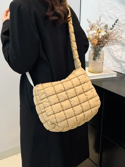 Women's Cotton Padded Shoulder Bag Large Capacity Beige - Image 15