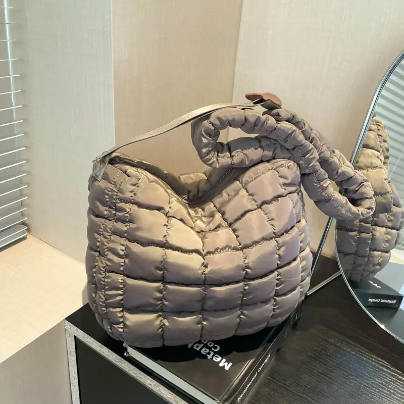 Women's Cotton Padded Shoulder Bag Large Capacity Beige - Image 4