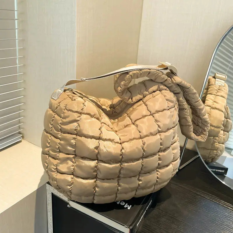 Women's Cotton Padded Shoulder Bag Large Capacity Beige - Image 5