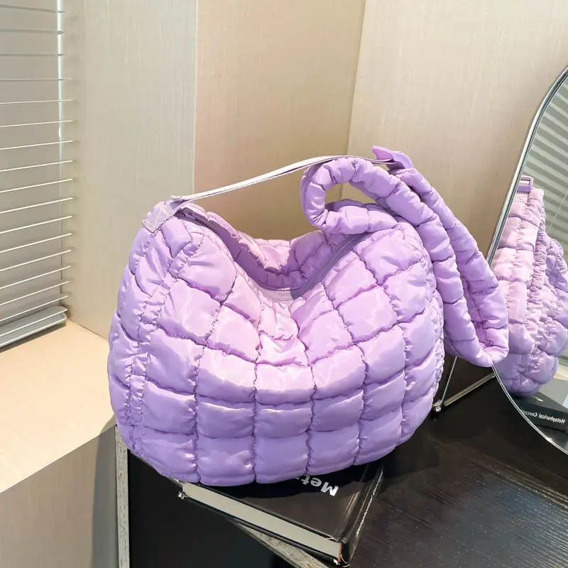 Women's Cotton Padded Shoulder Bag Large Capacity Beige - Image 9