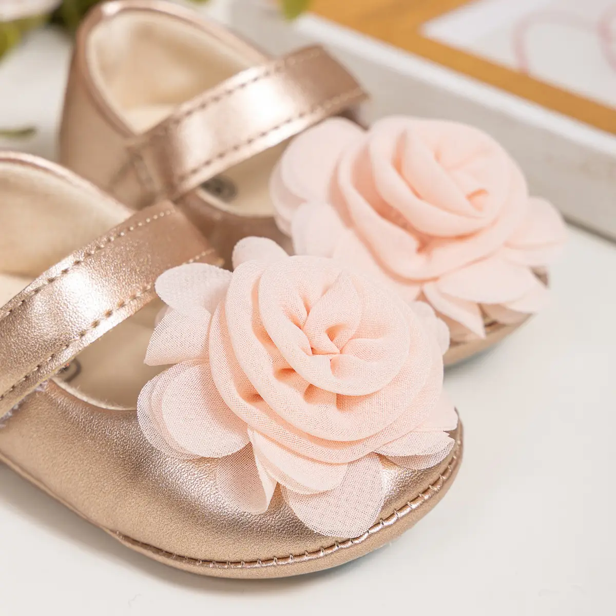Princess Flower Velcro Baby Shoes Pink Gold - Image 4