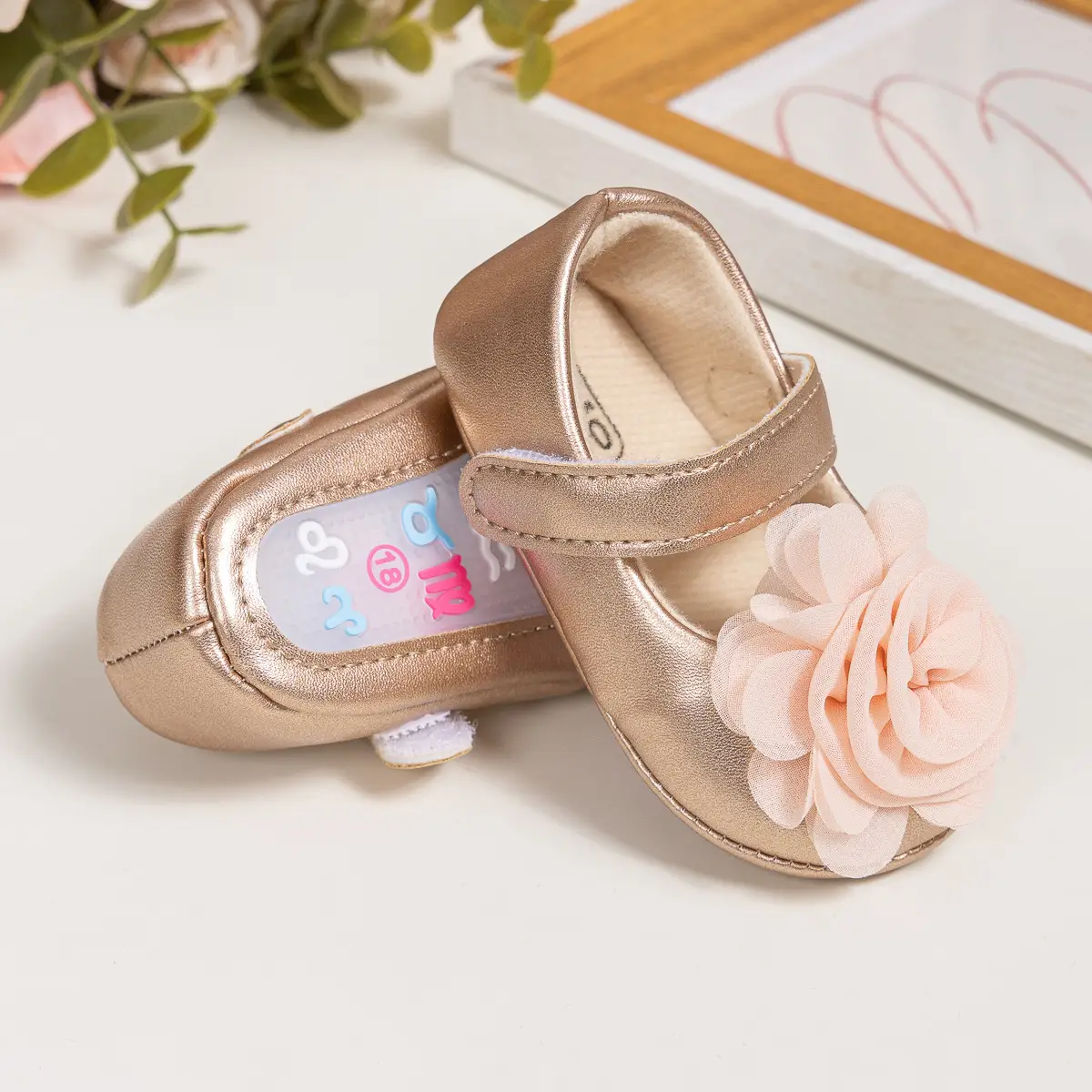 Princess Flower Velcro Baby Shoes Pink Gold - Image 5