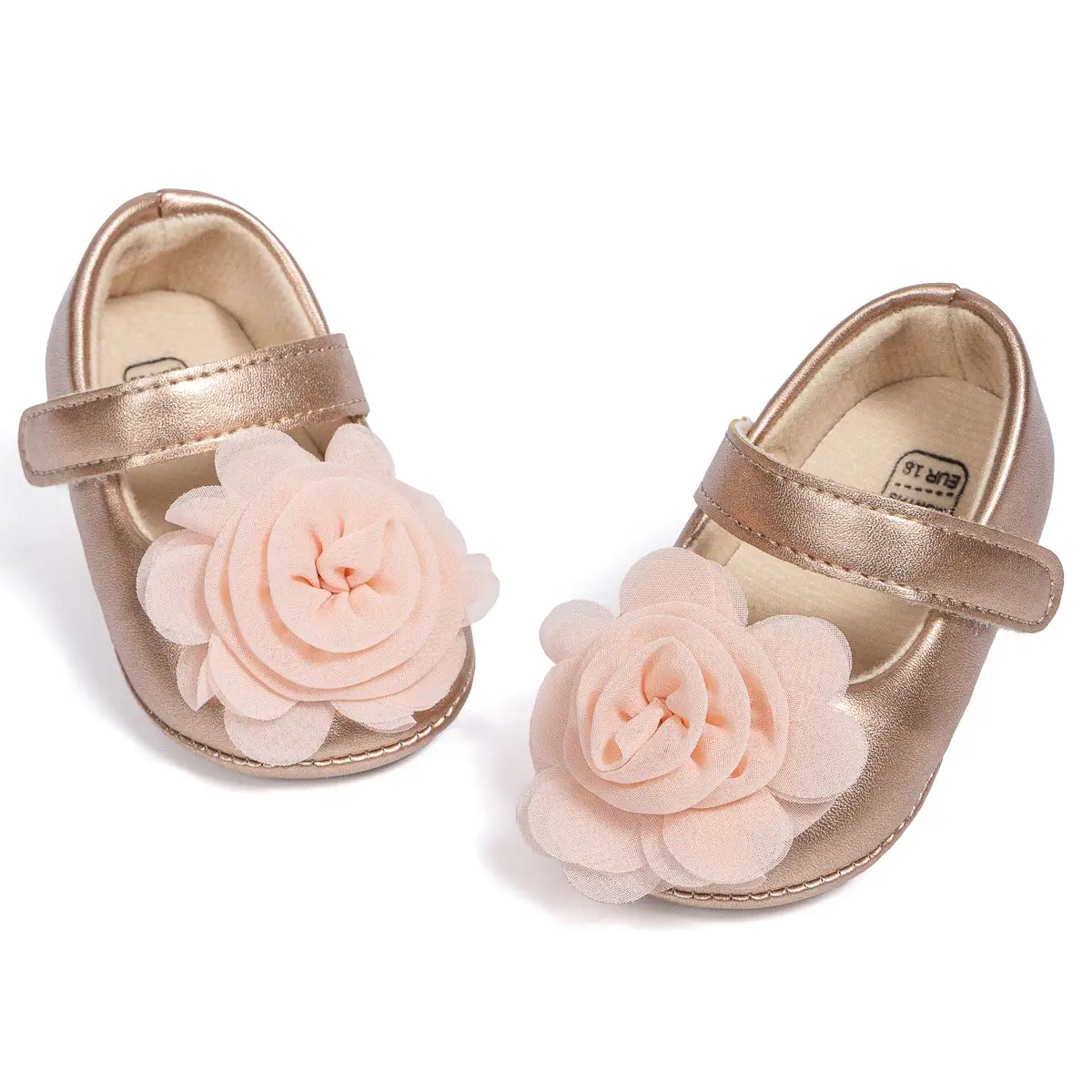 Princess Flower Velcro Baby Shoes Pink Gold