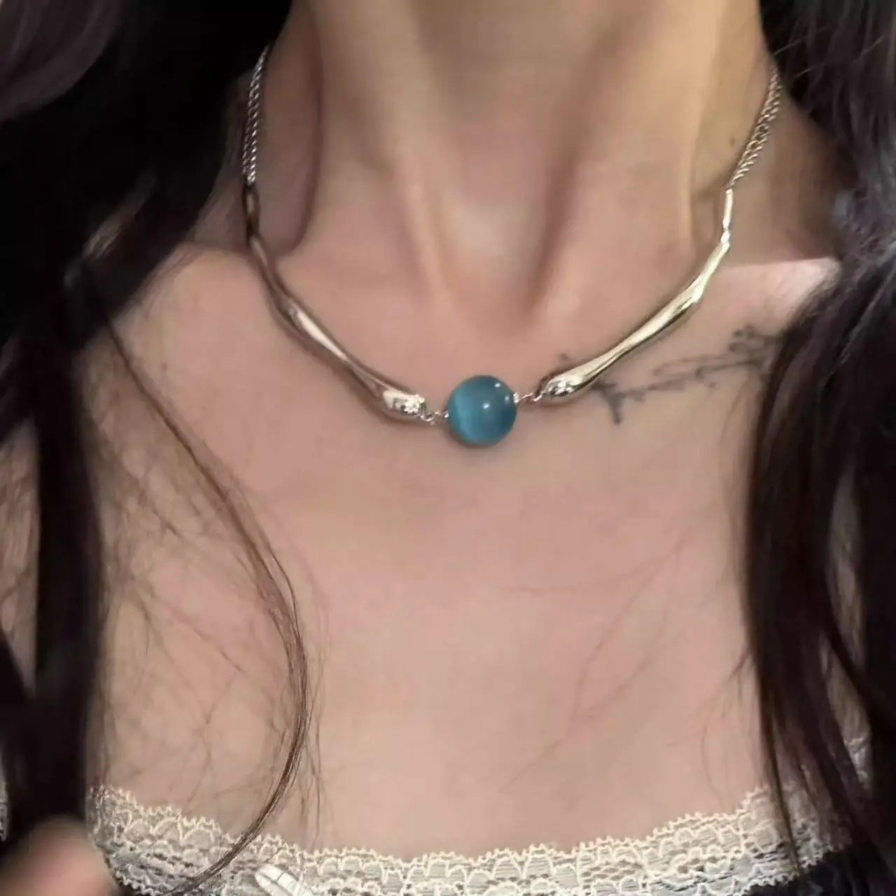 Blue Opal Punk Necklace for Women Mechanical Design - Image 4