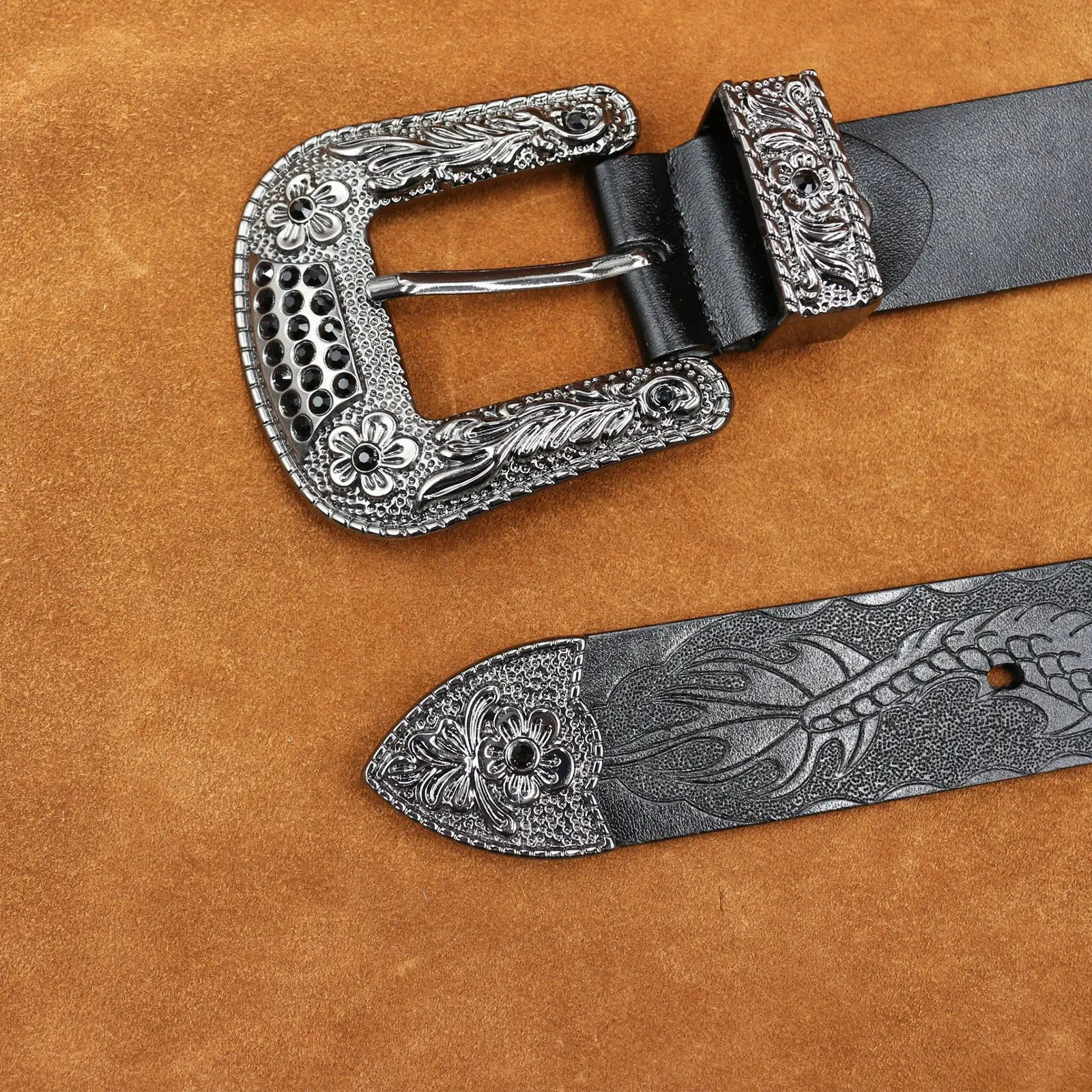 Men's Black Embossed Cowhide Belt with Silver Buckle - Image 8