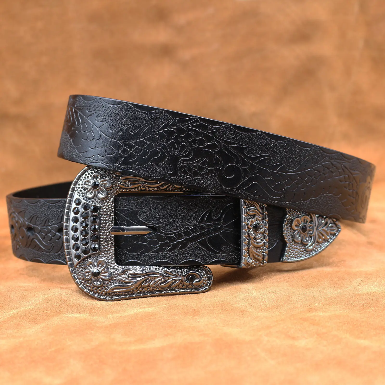 Men's Black Embossed Cowhide Belt with Silver Buckle — feature 1