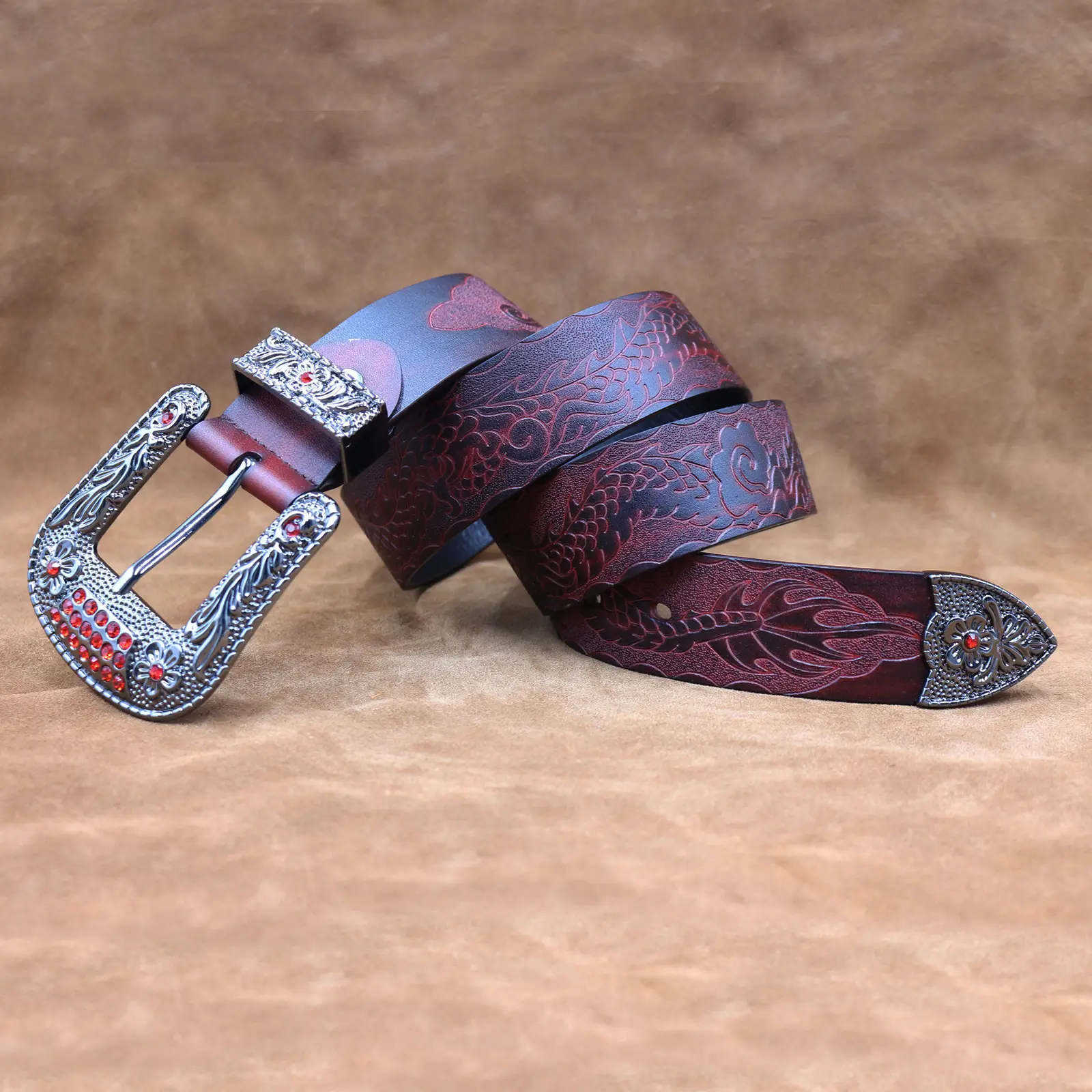 Men's Black Embossed Cowhide Belt with Silver Buckle — feature 10
