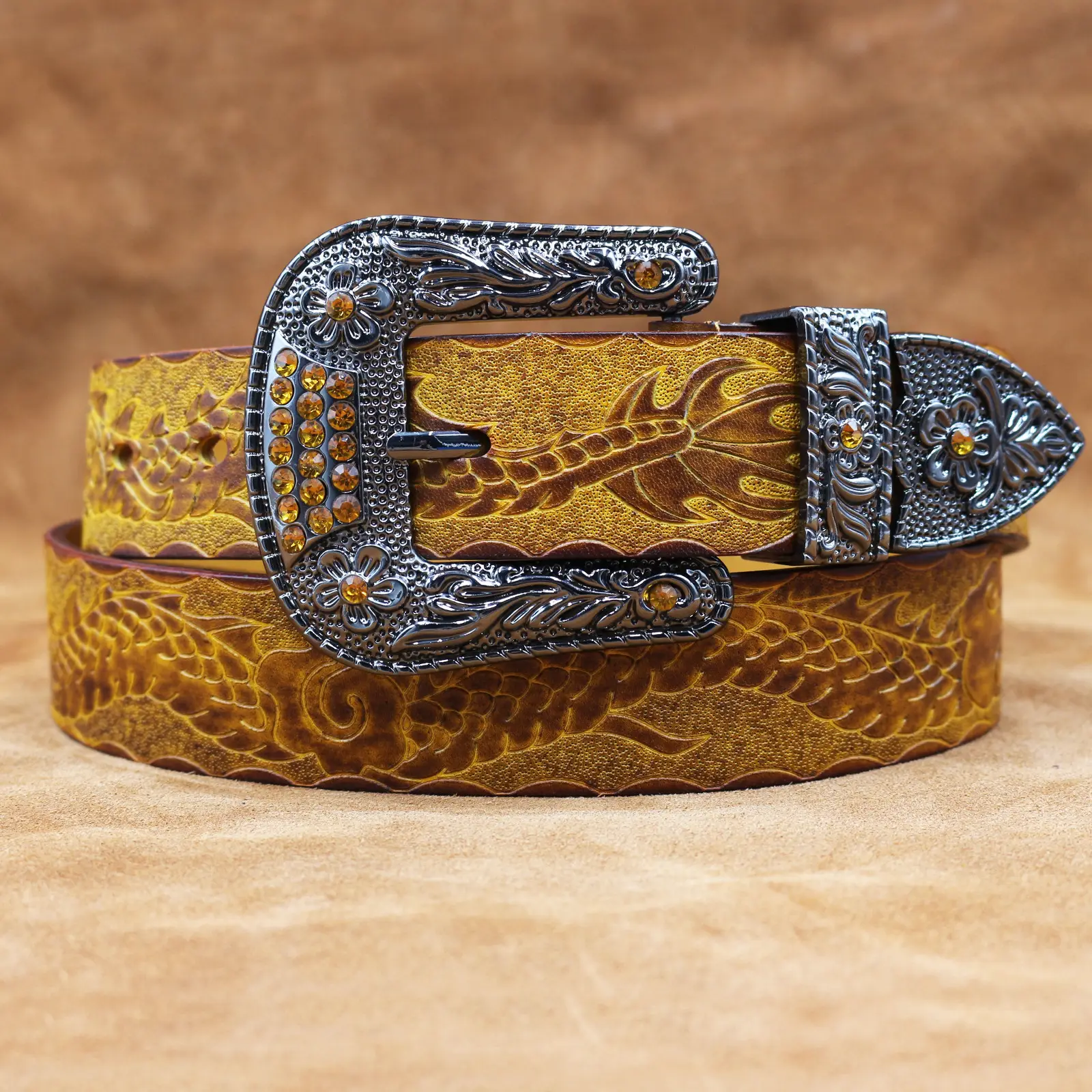 Men's Black Embossed Cowhide Belt with Silver Buckle — feature 11