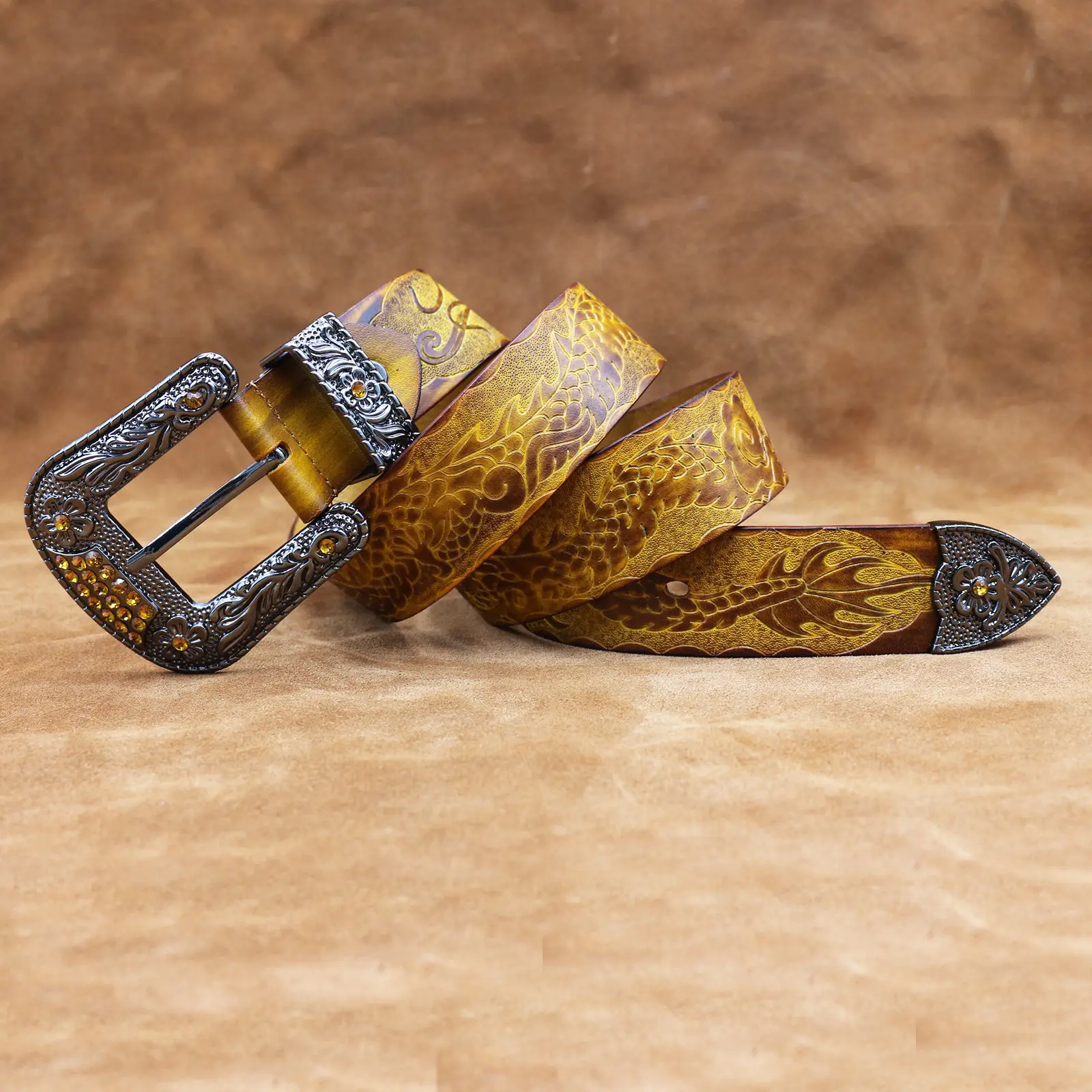 Men's Black Embossed Cowhide Belt with Silver Buckle — feature 12