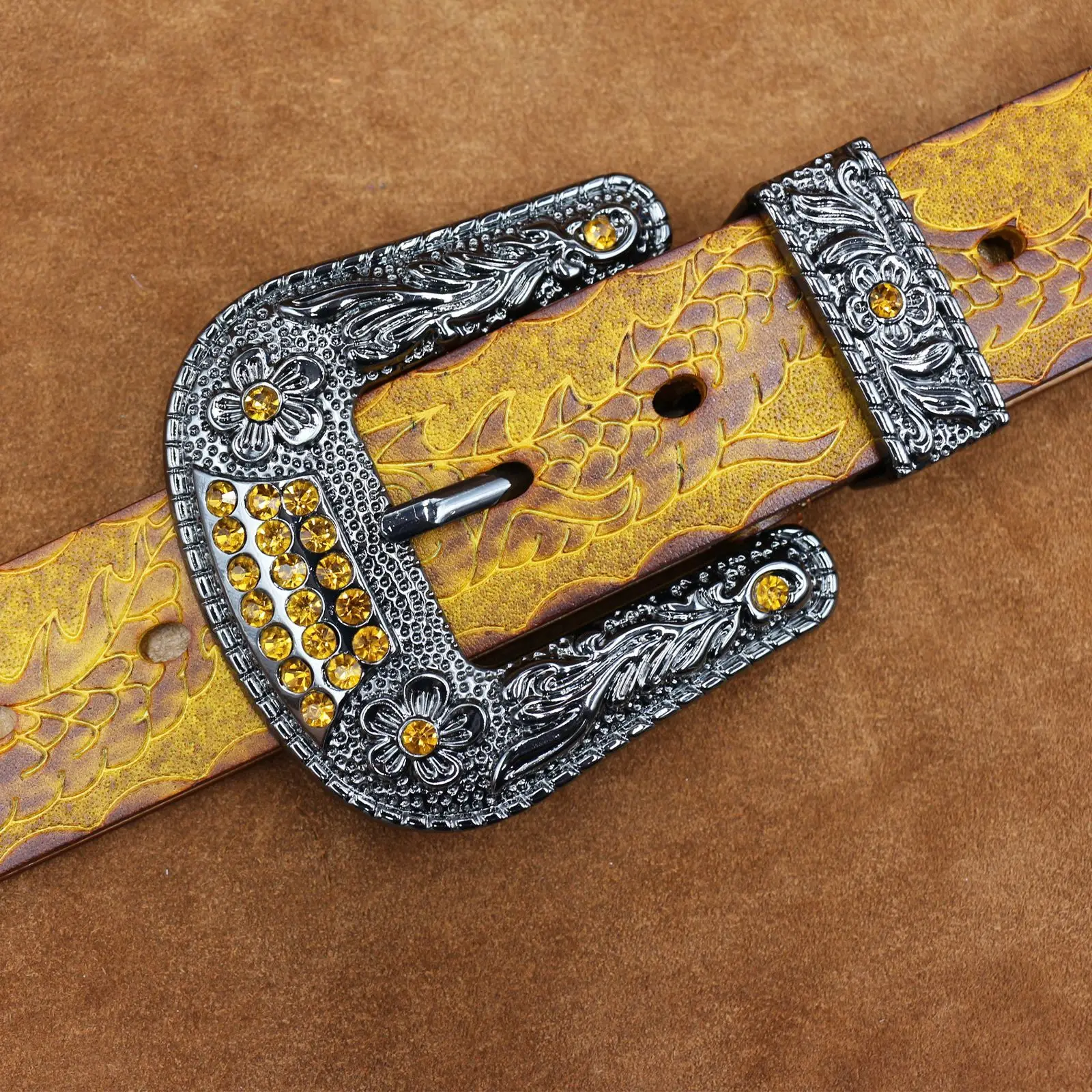 Men's Black Embossed Cowhide Belt with Silver Buckle — feature 13
