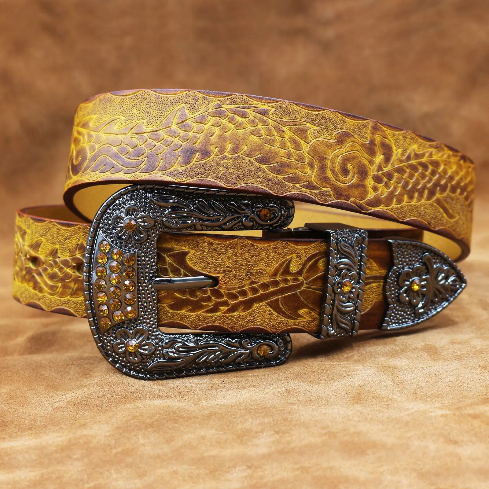 Men's Black Embossed Cowhide Belt with Silver Buckle — feature 14