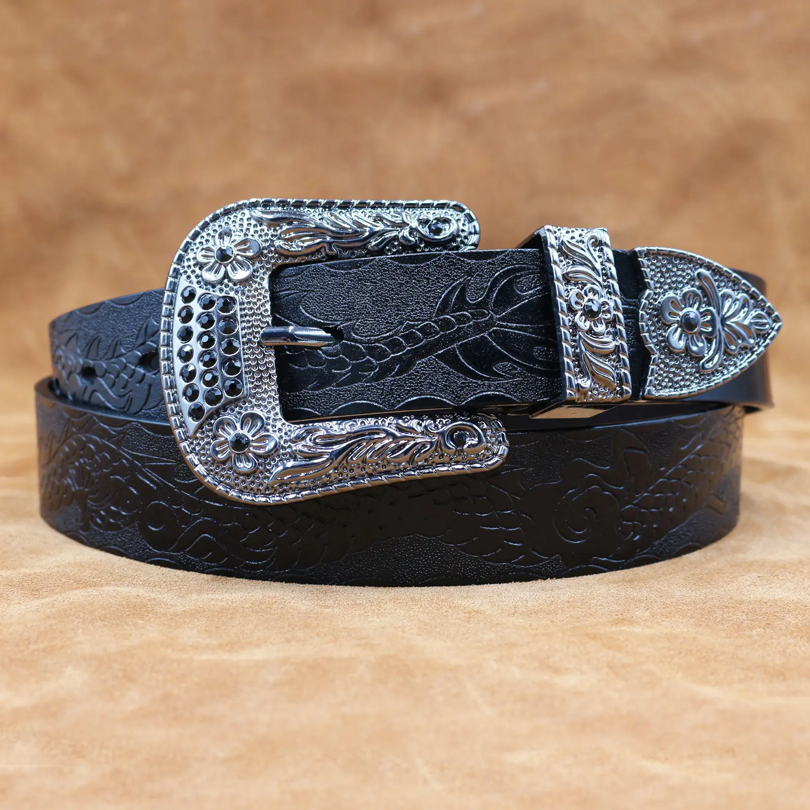 Men's Black Embossed Cowhide Belt with Silver Buckle — feature 2