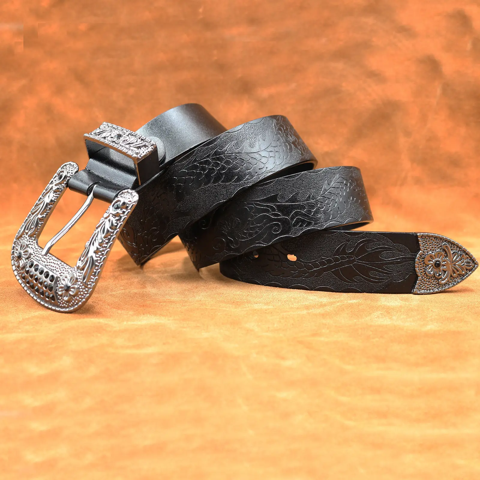 Men's Black Embossed Cowhide Belt with Silver Buckle — feature 3
