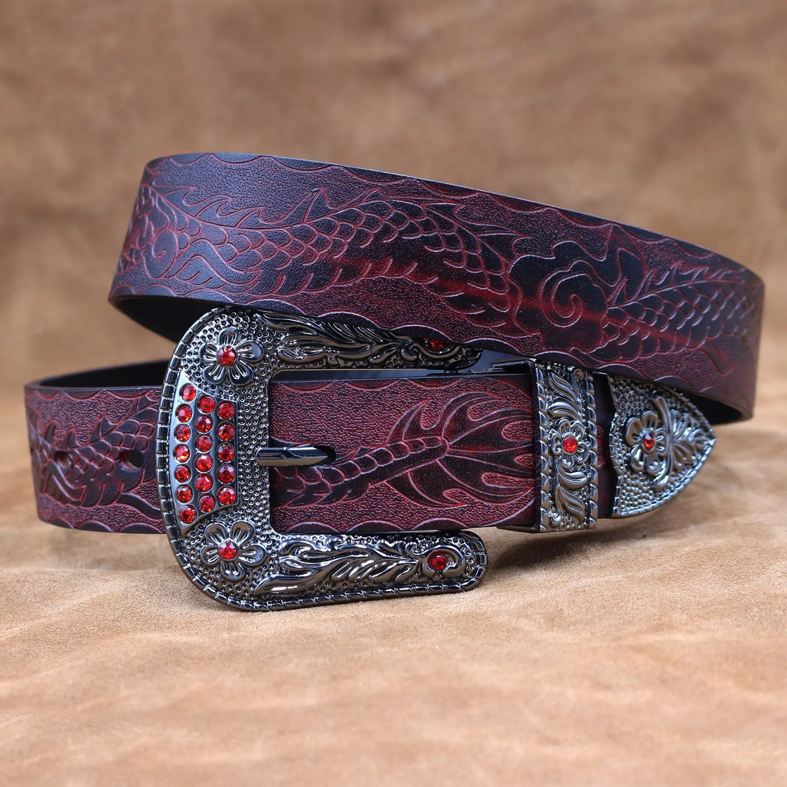Men's Black Embossed Cowhide Belt with Silver Buckle — feature 6