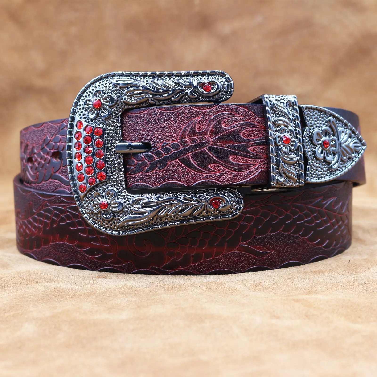 Men's Black Embossed Cowhide Belt with Silver Buckle — feature 7