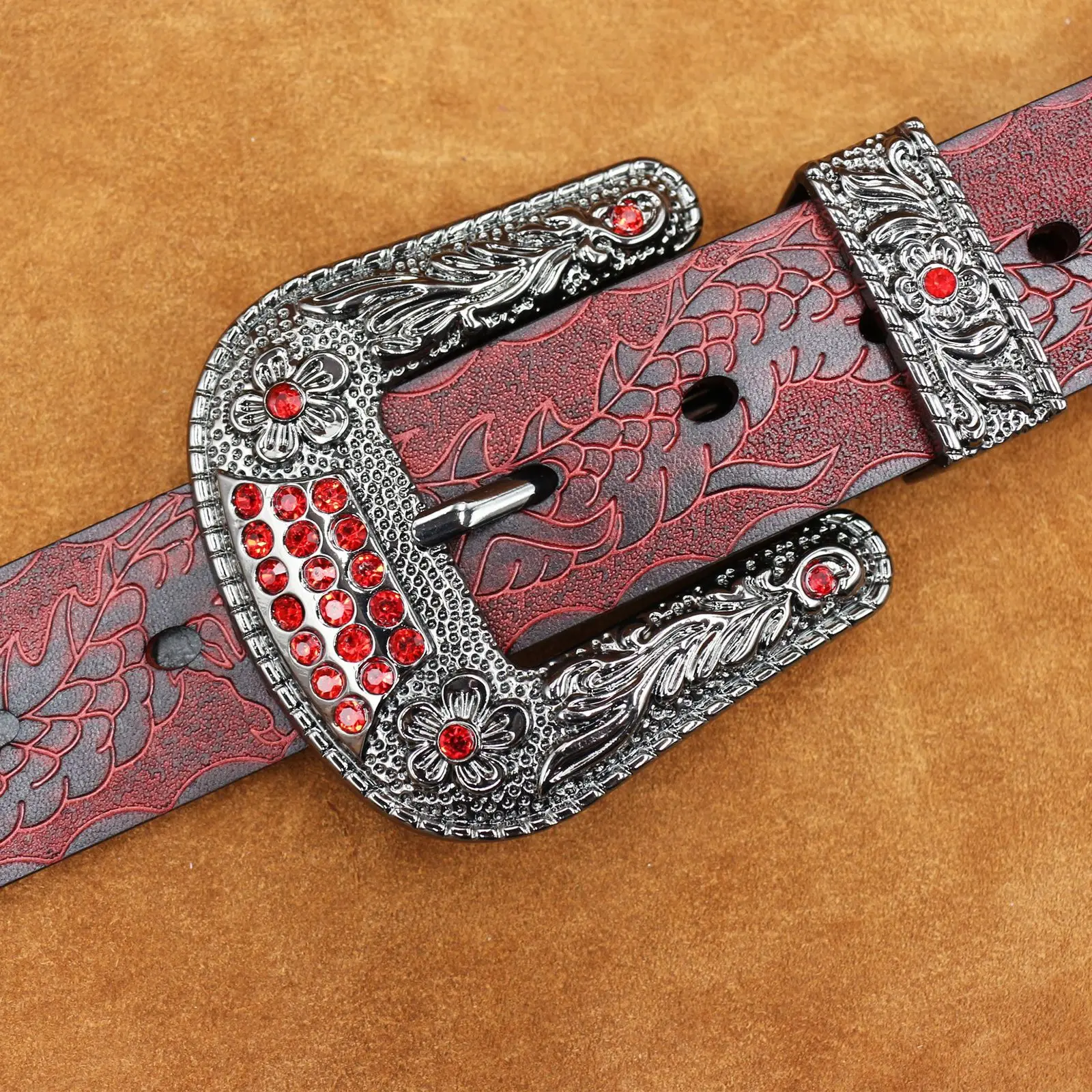 Men's Black Embossed Cowhide Belt with Silver Buckle — feature 8