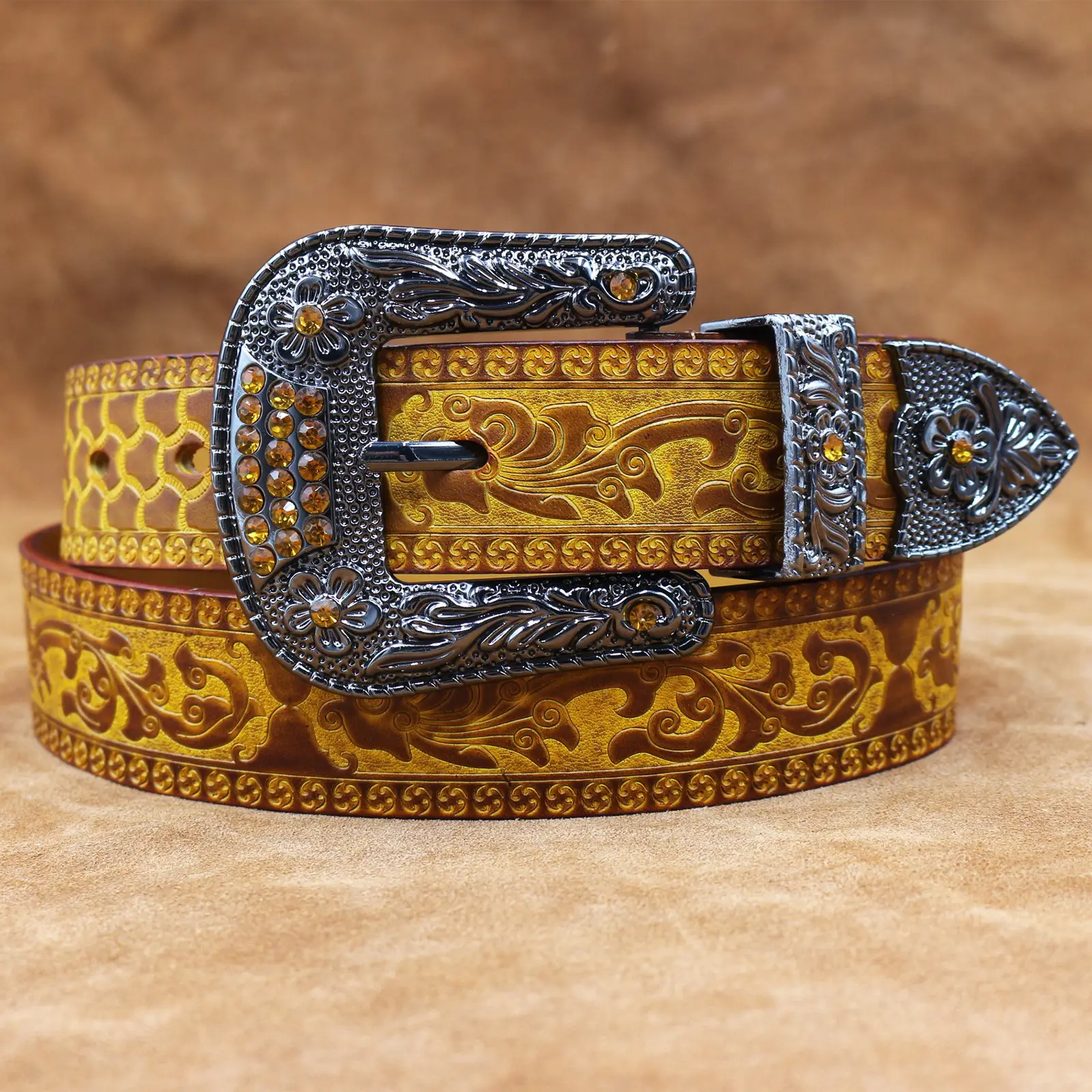 Vintage Men's Genuine Leather Belt with Ornate Buckle