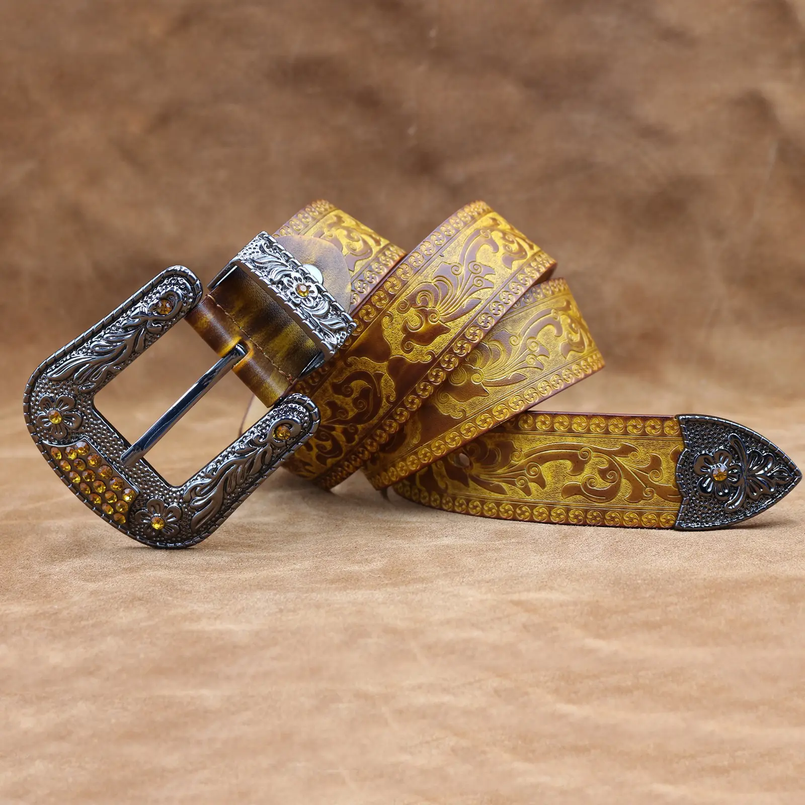 Vintage Men's Genuine Leather Belt with Ornate Buckle